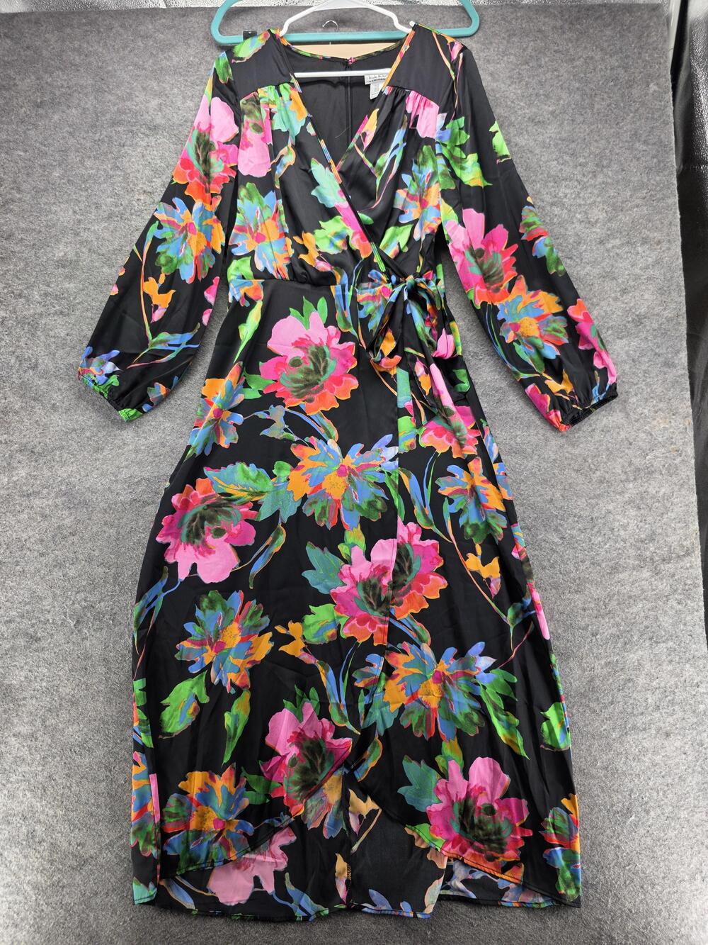 Nicole Miller Dress Womens 10 Multicolor Wrap Maxi Long Sleeve Floral Belted